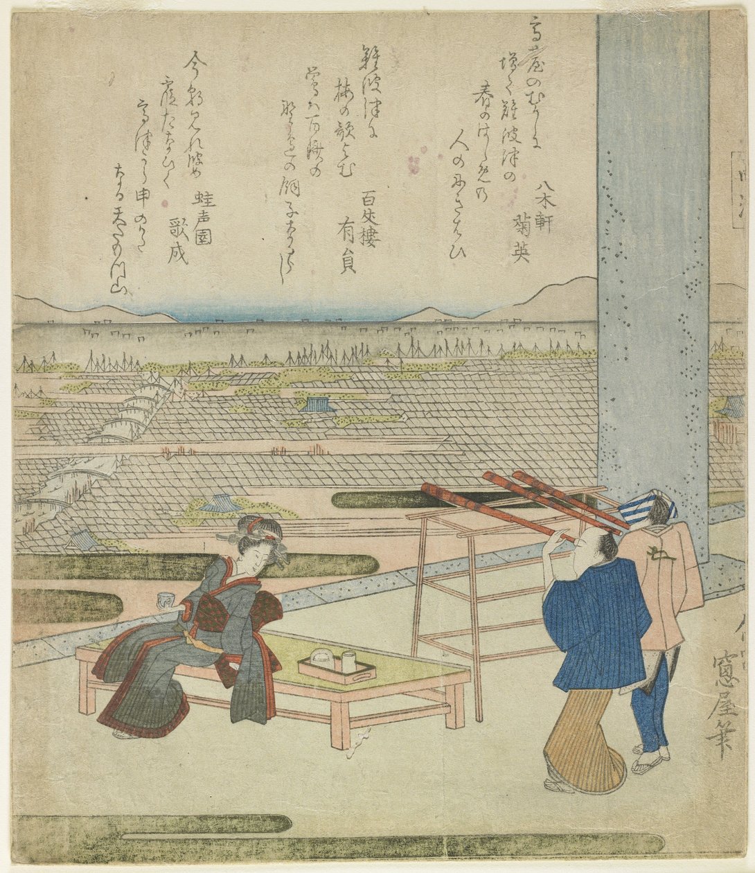 (Vrouw en Twee Mannen Genieten van een Uitzicht vanaf een Gebouw op een Heuvel), 1820s door Japanese School