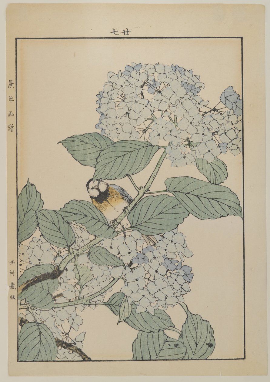 Vogel met hortensia, Meiji periode, ca. 1868-1912 door Japanese School