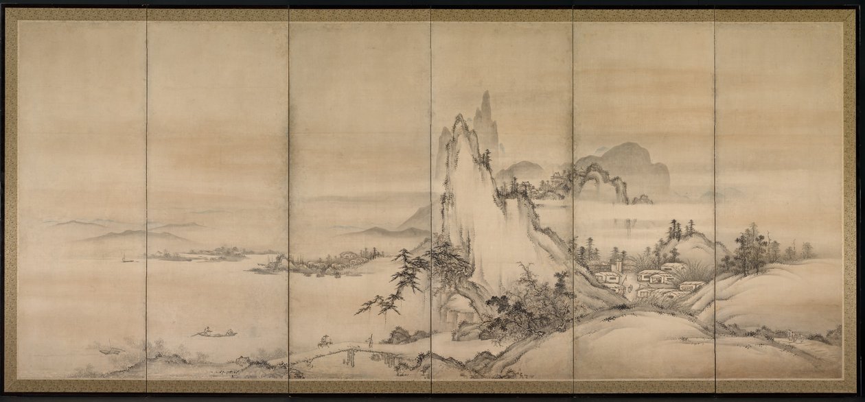 Chinees landschap, een van een paar zesdelige schermen door Japanese School