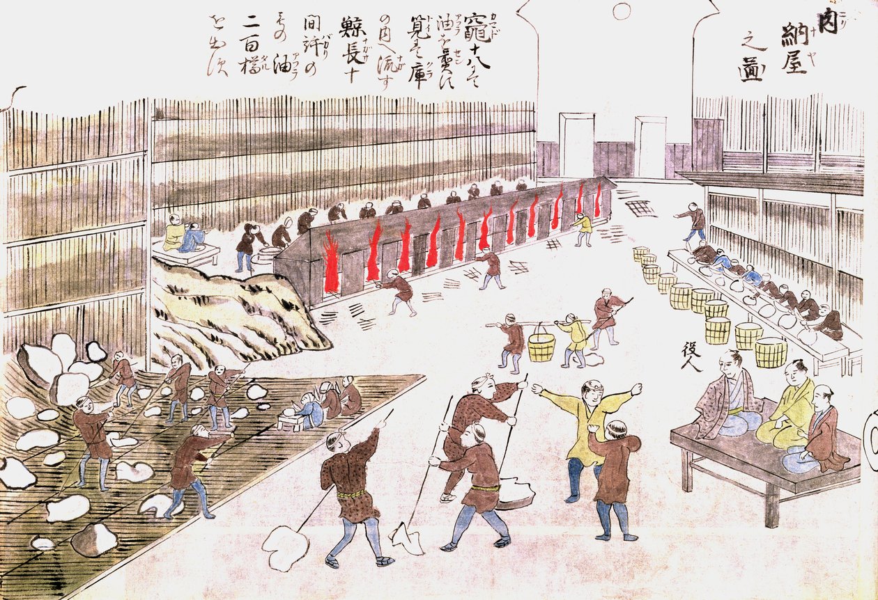 Fabriek voor de bereiding van walvisproducten, eind 19e eeuw (kleurgravure) door Japanese School