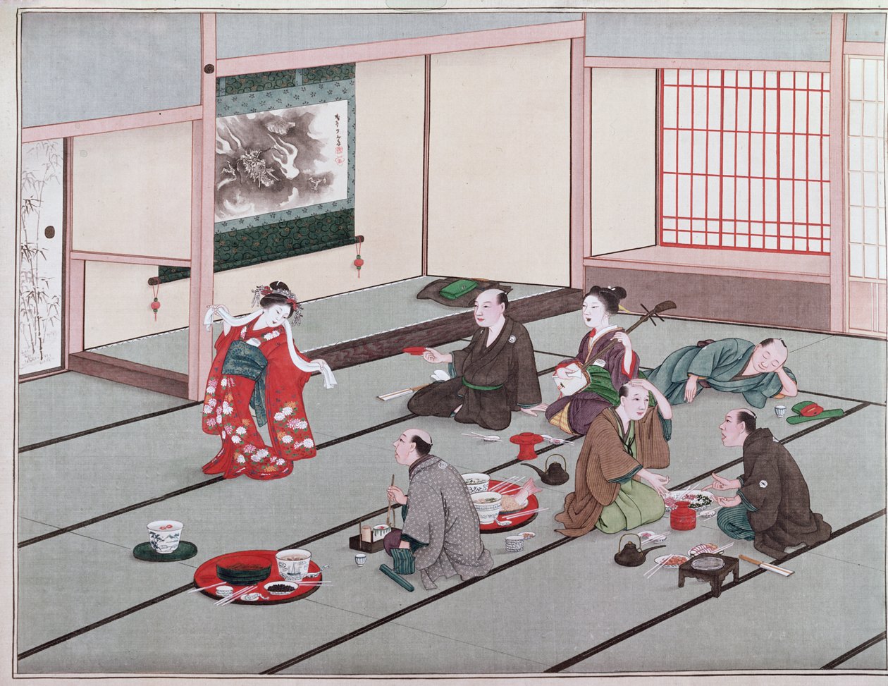 Japanners eten, drinken en worden vermaakt in theehuis door Japanese School