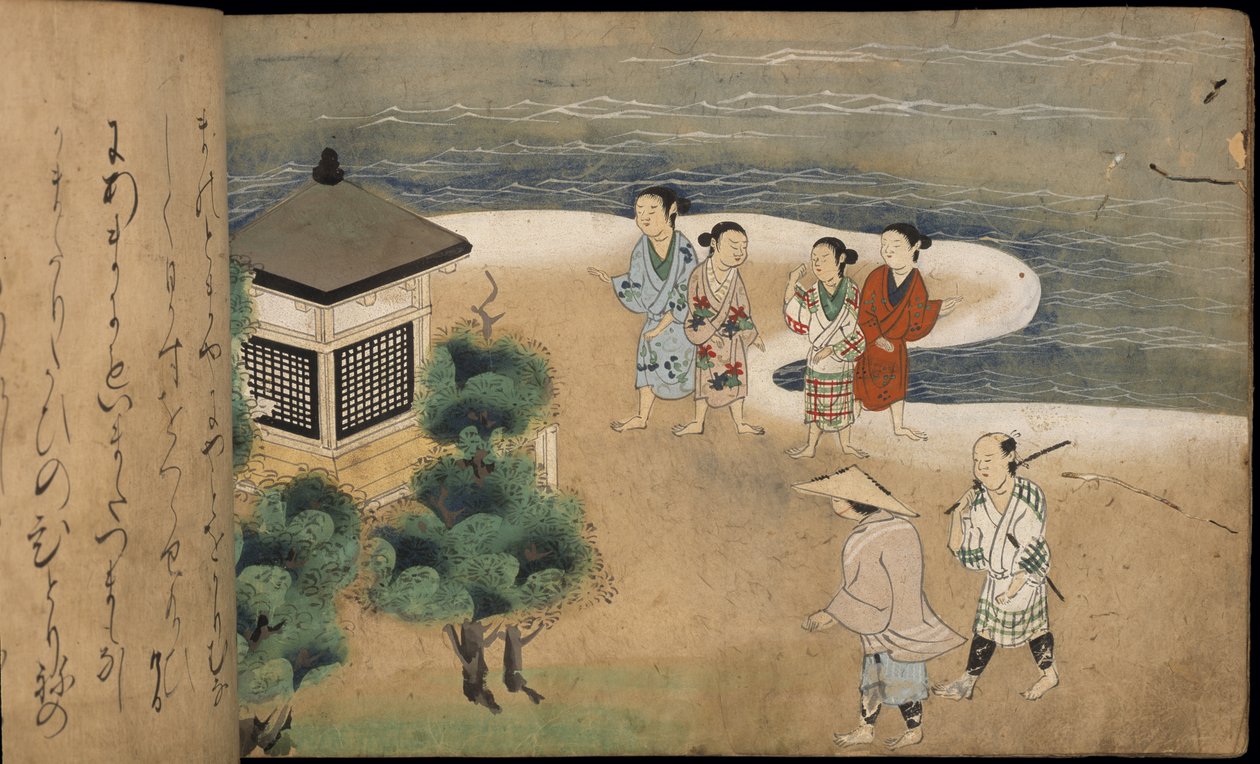 Japanse mannen bij een pagode, illustratie uit de 