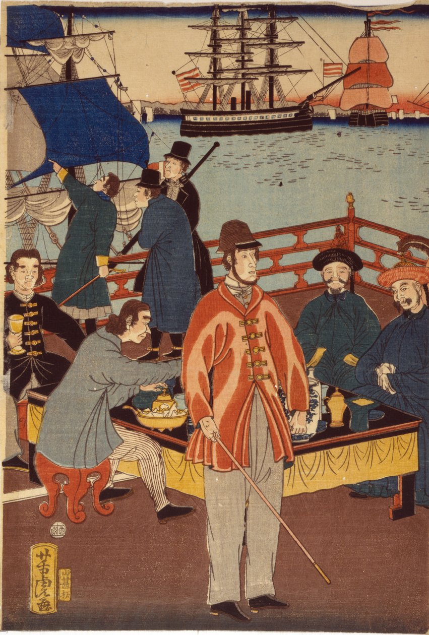 Europese kooplieden nemen verfrissing met Japanners, Yokohama haven, Japan door Japanese School