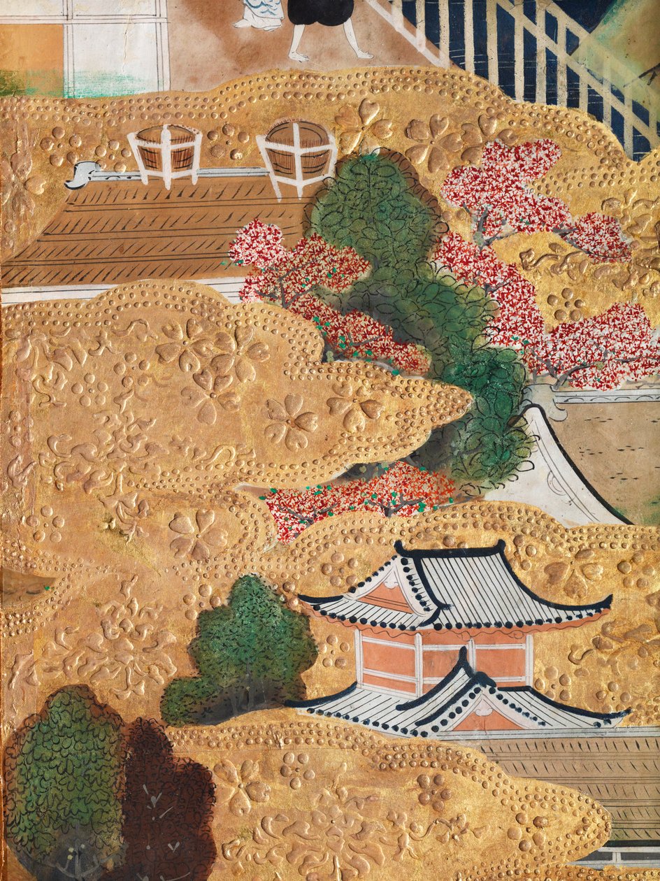 Osakazu Byobu - Japans kamerscherm met acht panelen (schilderij) door Japanese School