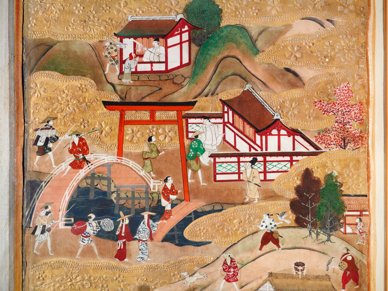 Osakazu Byobu - Japans kamerscherm met acht panelen (schilderij) door Japanese School