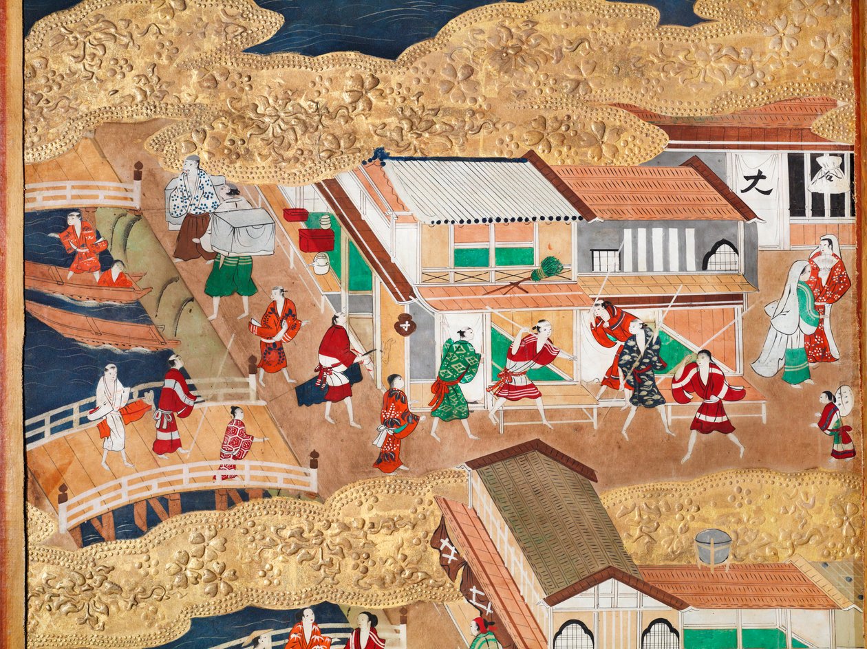 Osakazu Byobu - Japans kamerscherm met acht panelen (schilderij) door Japanese School
