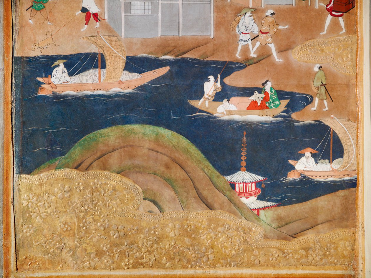 Osakazu Byobu - Japans kamerscherm met acht panelen (schilderij) door Japanese School