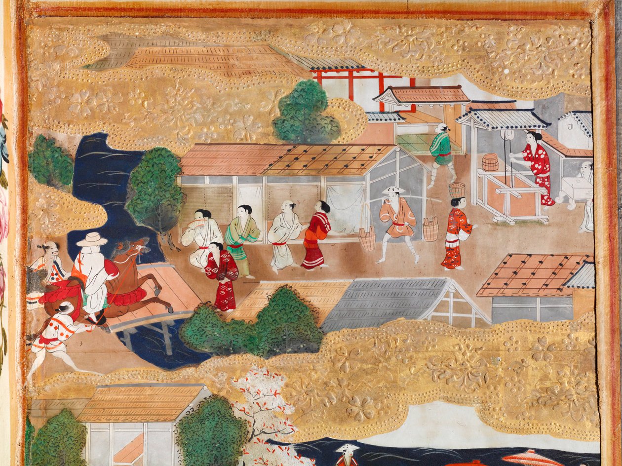 Osakazu Byobu - Japans kamerscherm met acht panelen (schilderij) door Japanese School
