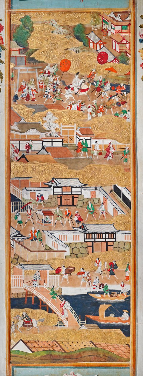 Osakazu Byobu - Japans kamerscherm met acht panelen (schilderij) door Japanese School