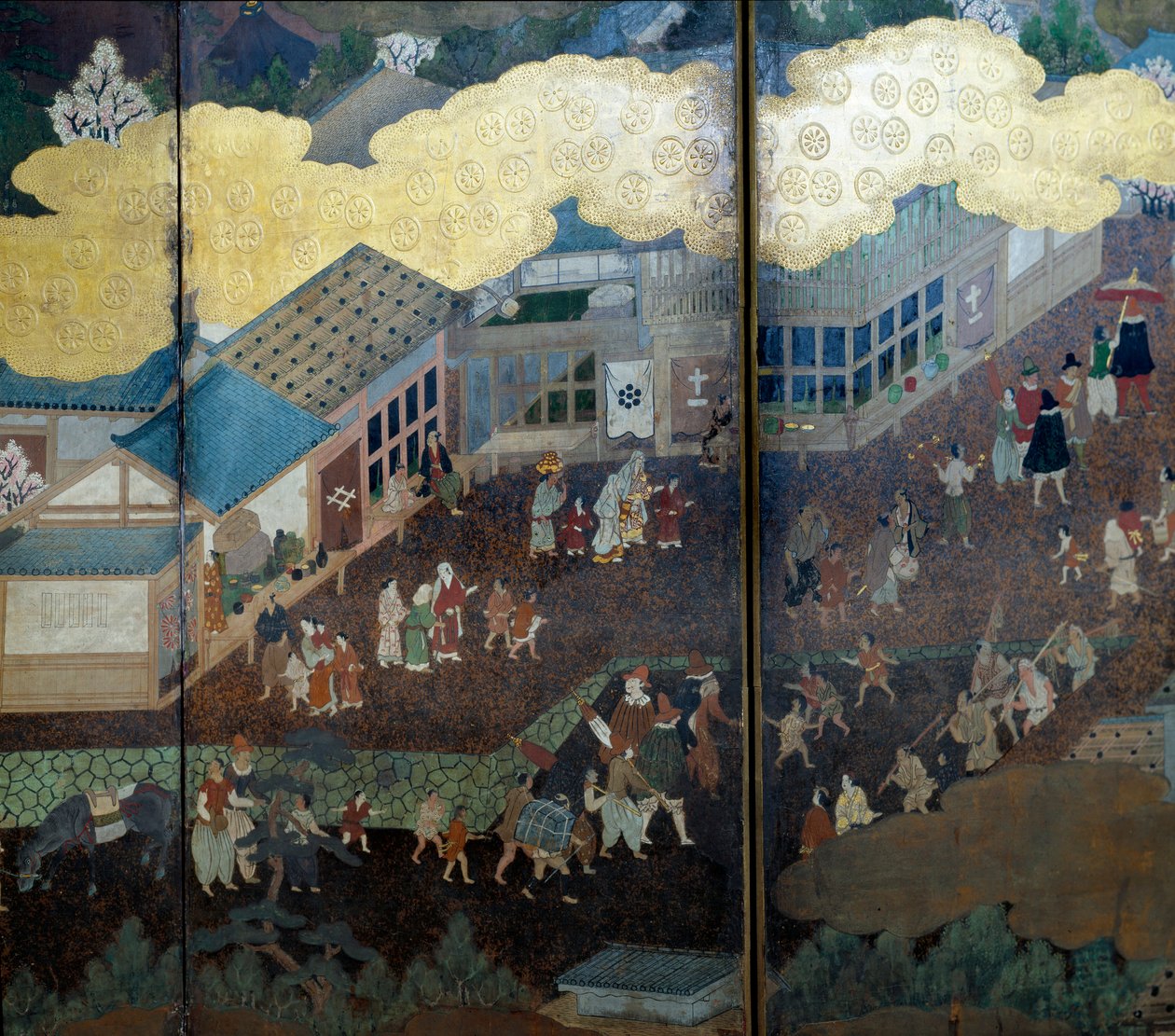 Portugese scherm: een voorstelling van de aankomst van Portugese jezuïetenmissionarissen in Japan in de 16e eeuw (detail) door Japanese School