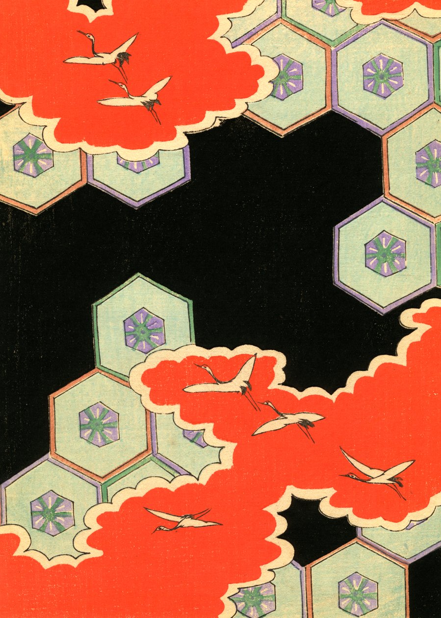Rode Wolken met Vliegende Kraanvogels door Japanese School