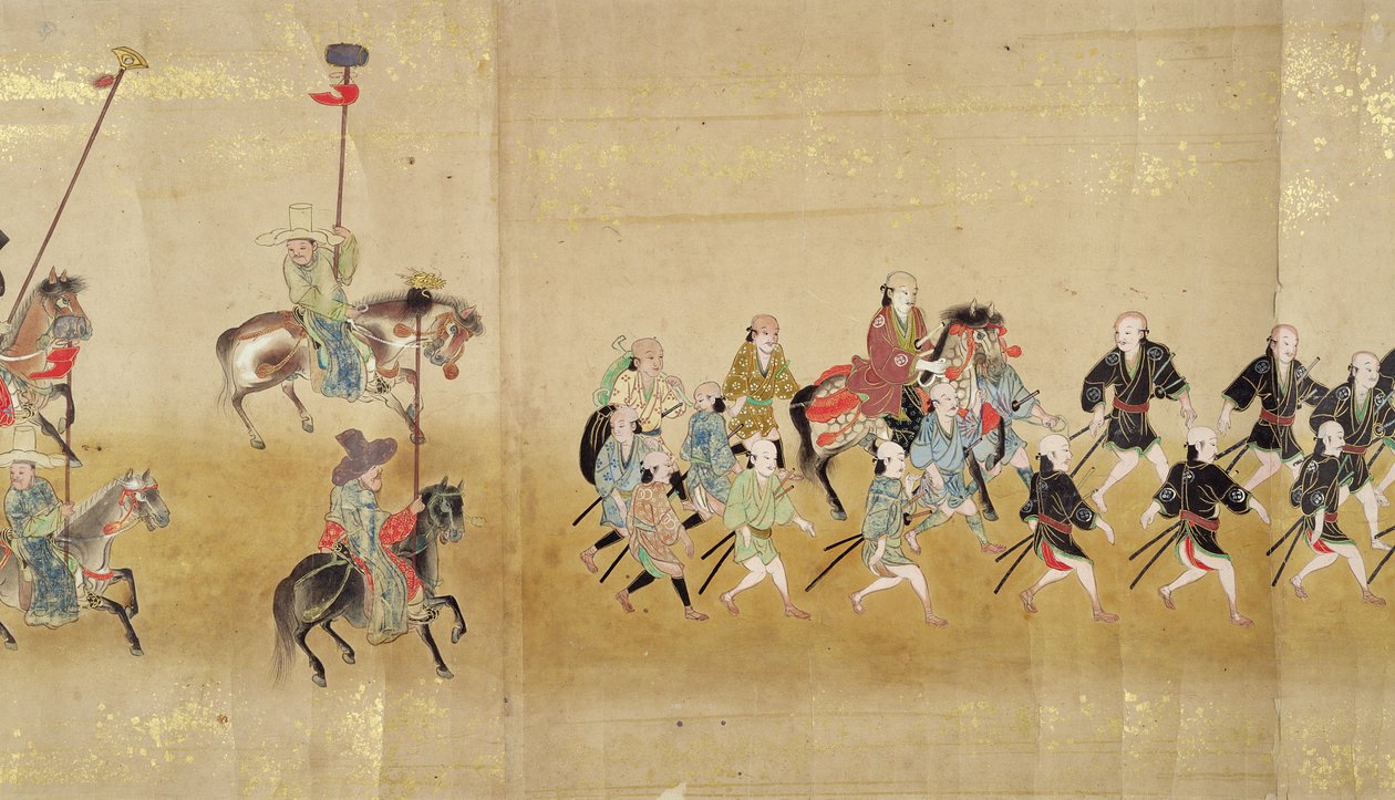 Zesde Koreaanse Ambassade naar Japan in Meireki 1 ten tijde van Tokugawa Ietsunas opvolging in 1651, mogelijk door Kano Masunobu (1625-94) (rolschildering) (detail) door Japanese School