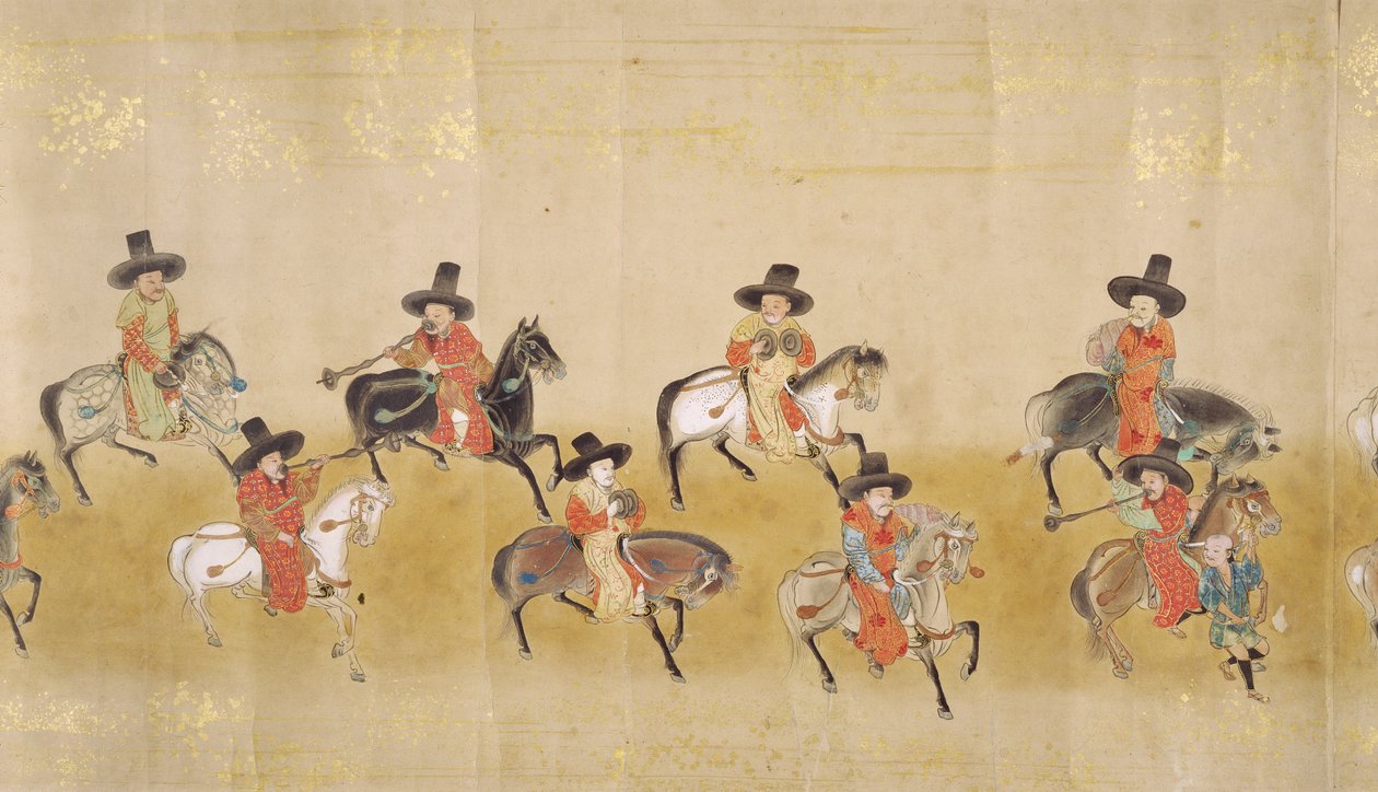 Zesde Koreaanse Ambassade naar Japan in Meireki 1 ten tijde van Tokugawa Ietsunas opvolging in 1651, mogelijk door Kano Masunobu (1625-94) (rolschildering) (detail) door Japanese School