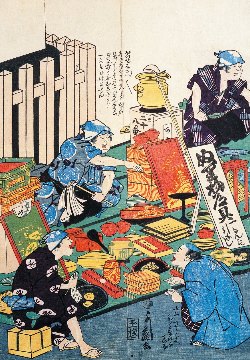 Standaard met dozen, waaiers, boeken en kakemonos door Japanese School