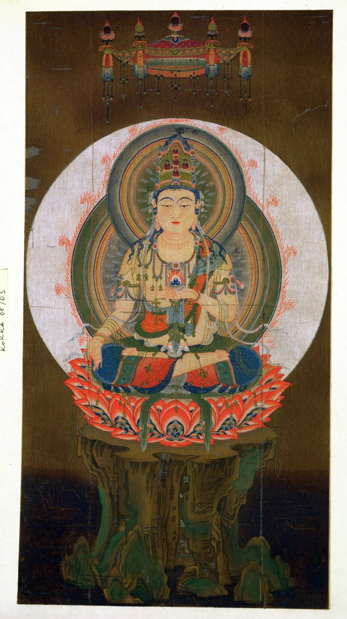De Bodhisattva Akashagarba met de Cintamani (wensvervullende) Juweel in de linkerhand en zittend op een lotus, illustratie naar een kakemono uit de 9e eeuw van de tempel van Daigo door Japanese School