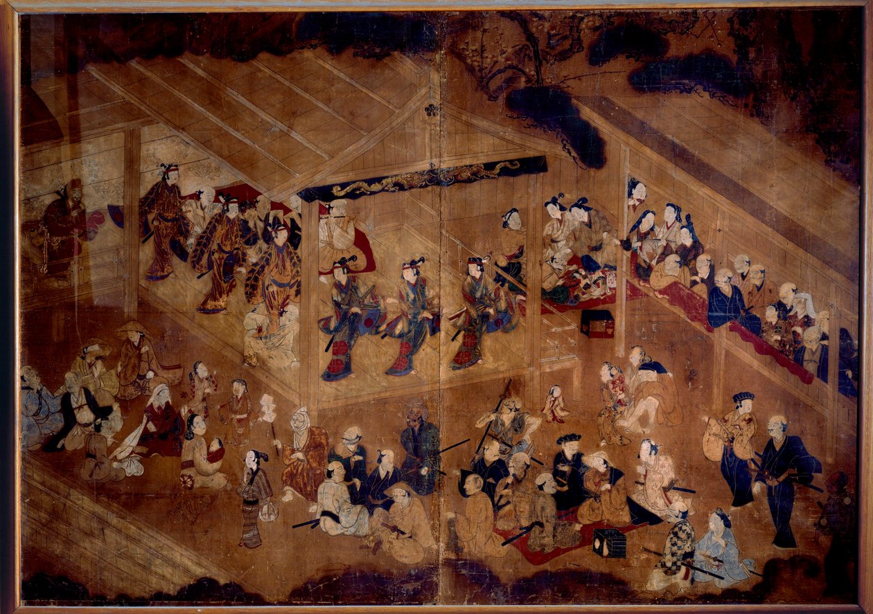 Kabuki Theater: acteurs op het podium; 18e eeuw Japanse prent Parijs, Guimet museum, Nationaal Museum van Aziatische Kunsten door Japanese School