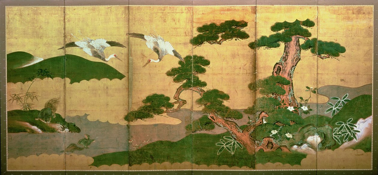 Twee kraanvogels duiken achter dennen en rotsen, Edo-periode door Japanese School