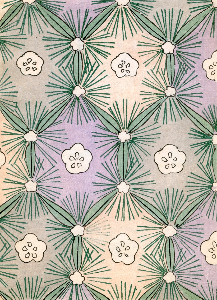 Kleur houtsnede van dennenaalden en bloemen door Japanese School