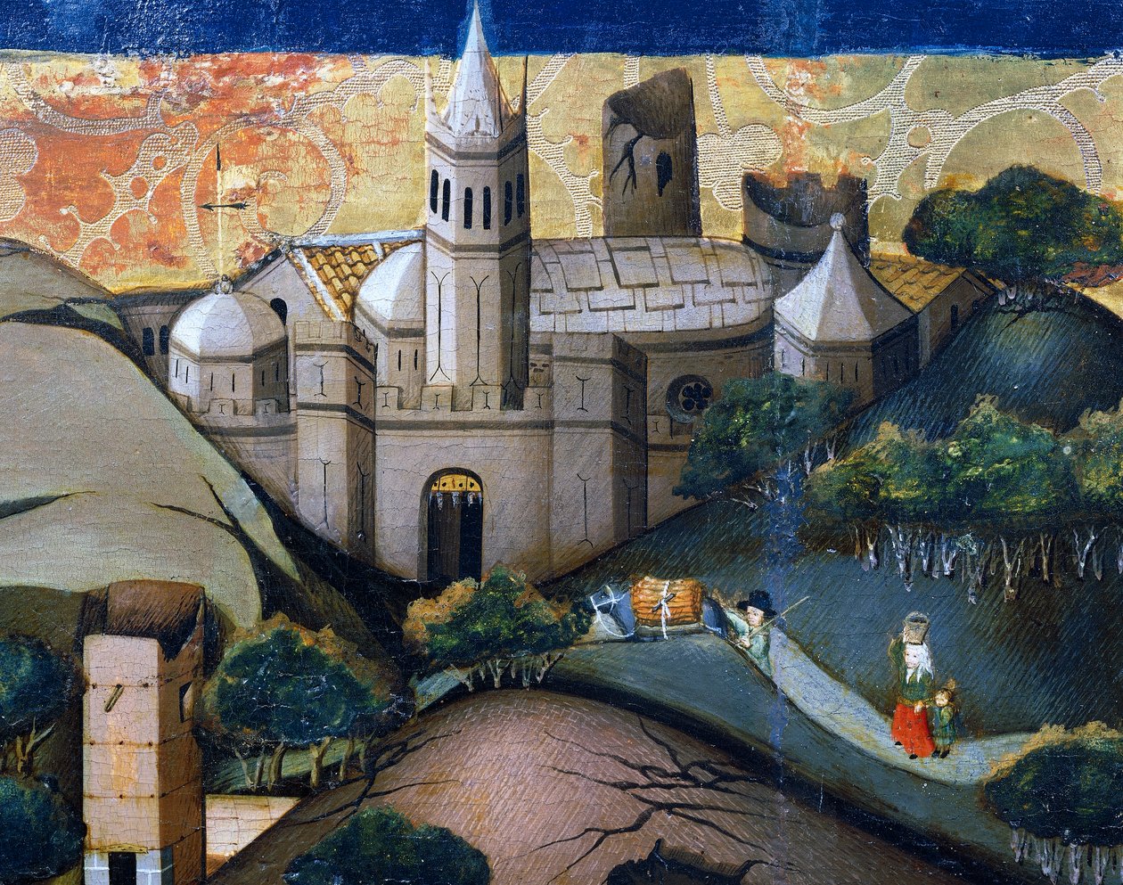 Landschap met de Bisschopskerk, detail van Vlucht naar Egypte, altaarstuk uit Verdu door Jaume Ferrer