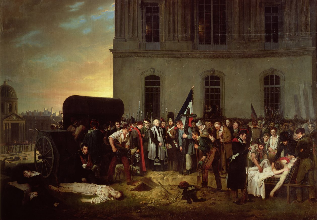Begrafenis van de slachtoffers van de Julirevolutie voor de colonnade van het Louvre, 30 juli 1830 door Jean Alphonse Roehn