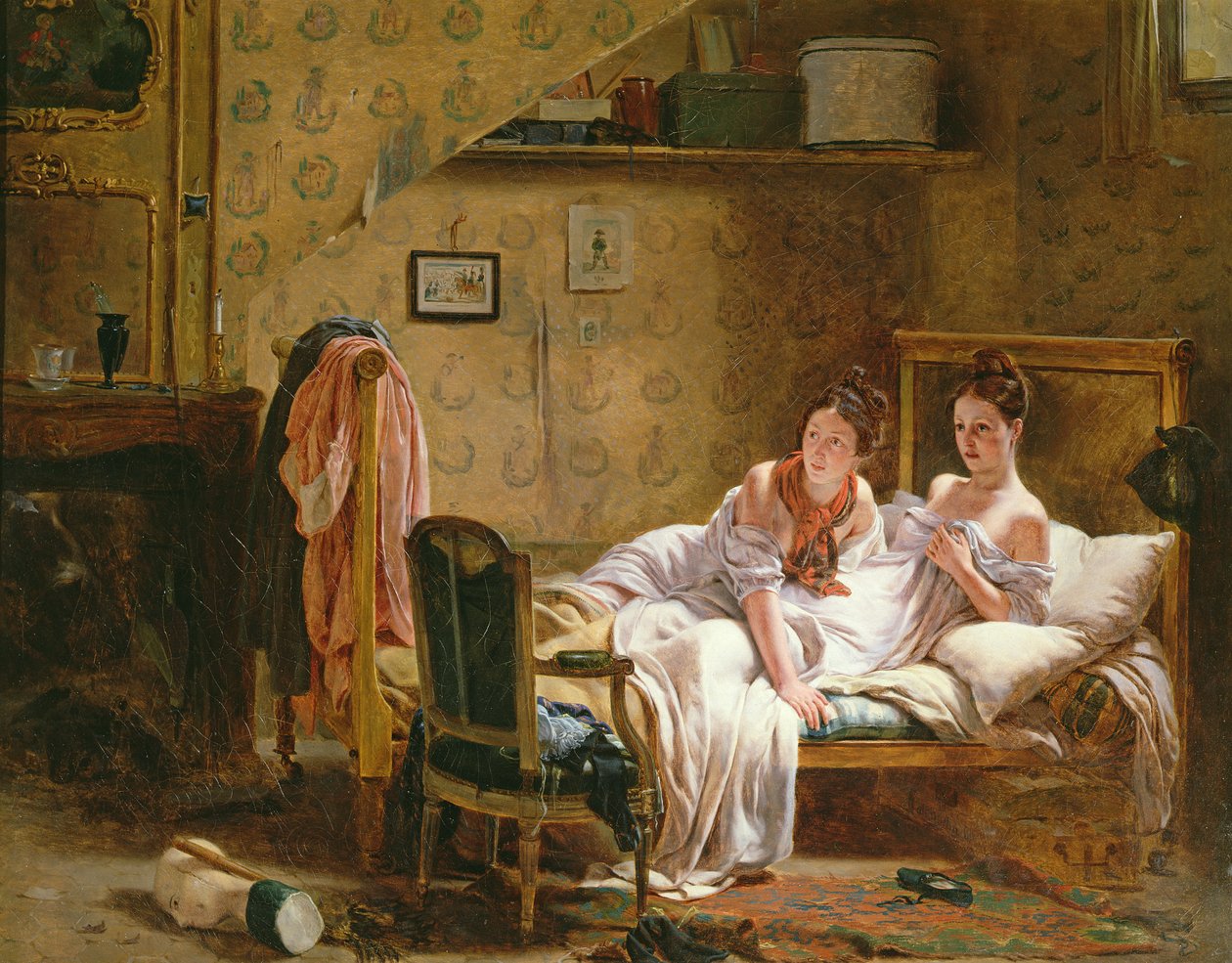 Twee Vrouwen in een Bed verstoord door een Kat door Jean Alphonse Roehn