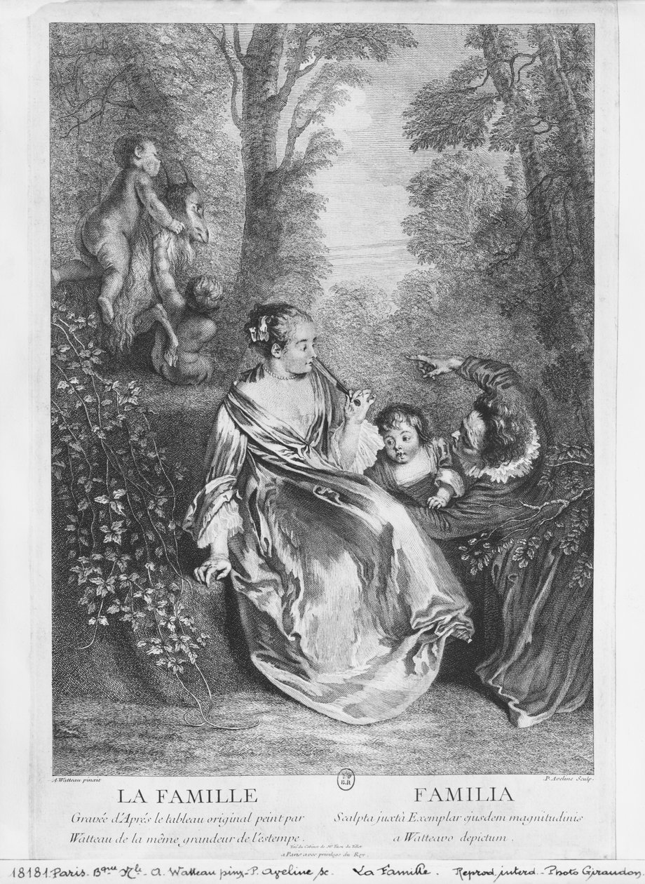 De Familie, gegraveerd door Pierre Aveline (c.1656-1722) door Jean Antoine Watteau