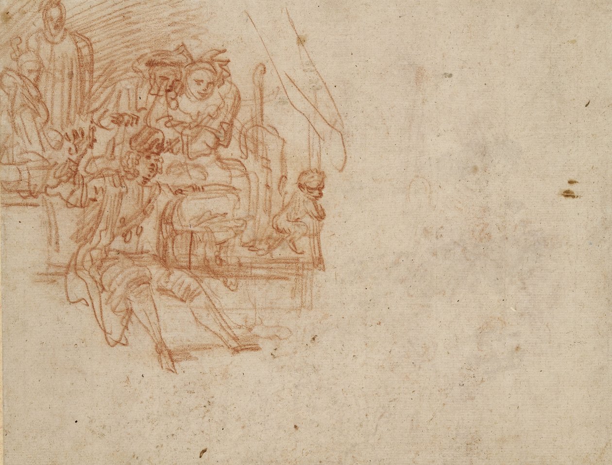 Verso; kwakzalver zittend op het podium, zijn waren verkopend door Jean Antoine Watteau