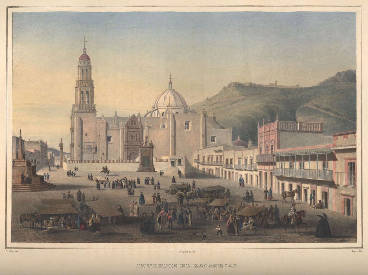 Interieur van Zacatecas, uitzicht op Zacatecas, Zacatecas. Handgekleurde lithografie met gom arabicum. door Jean Baptiste Arnout
