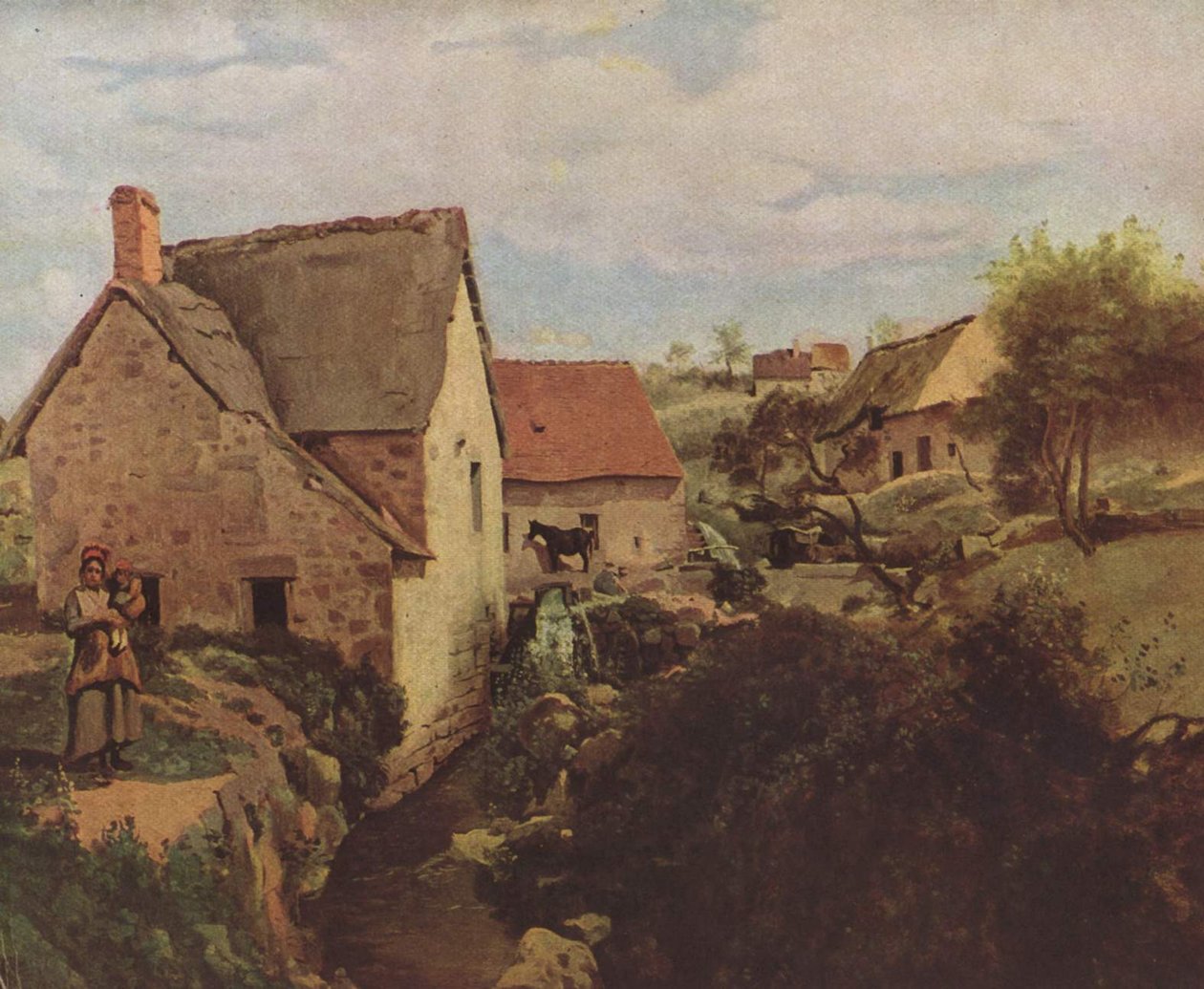 Huisjes en een molen aan de oever van een stroom door Jean Baptiste Camille Corot