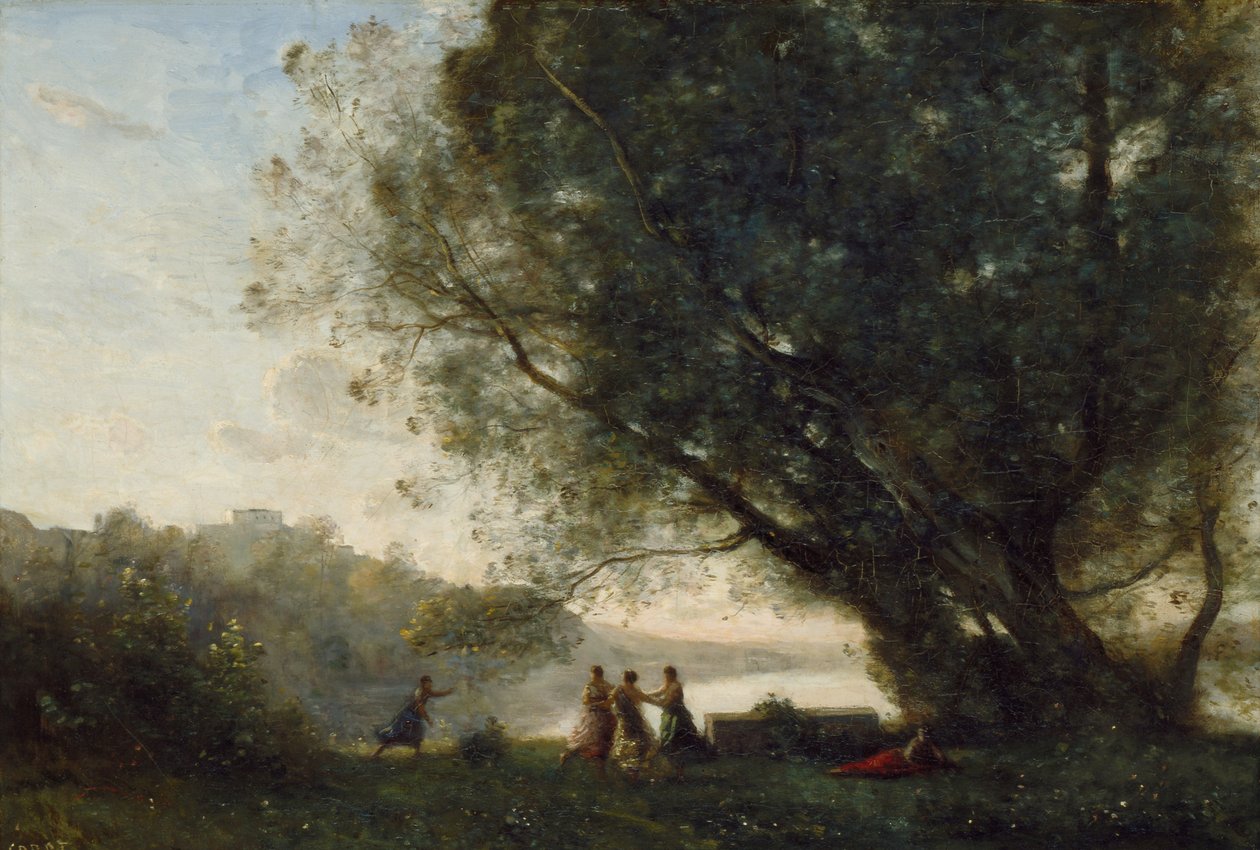Dans onder de bomen aan de rand van het meer, 1865-70 door Jean Baptiste Camille Corot