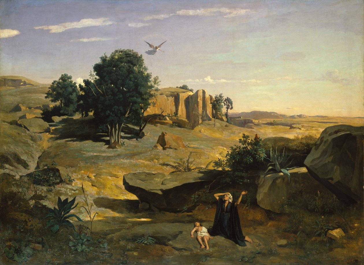 Hagar in de wildernis door Jean Baptiste Camille Corot