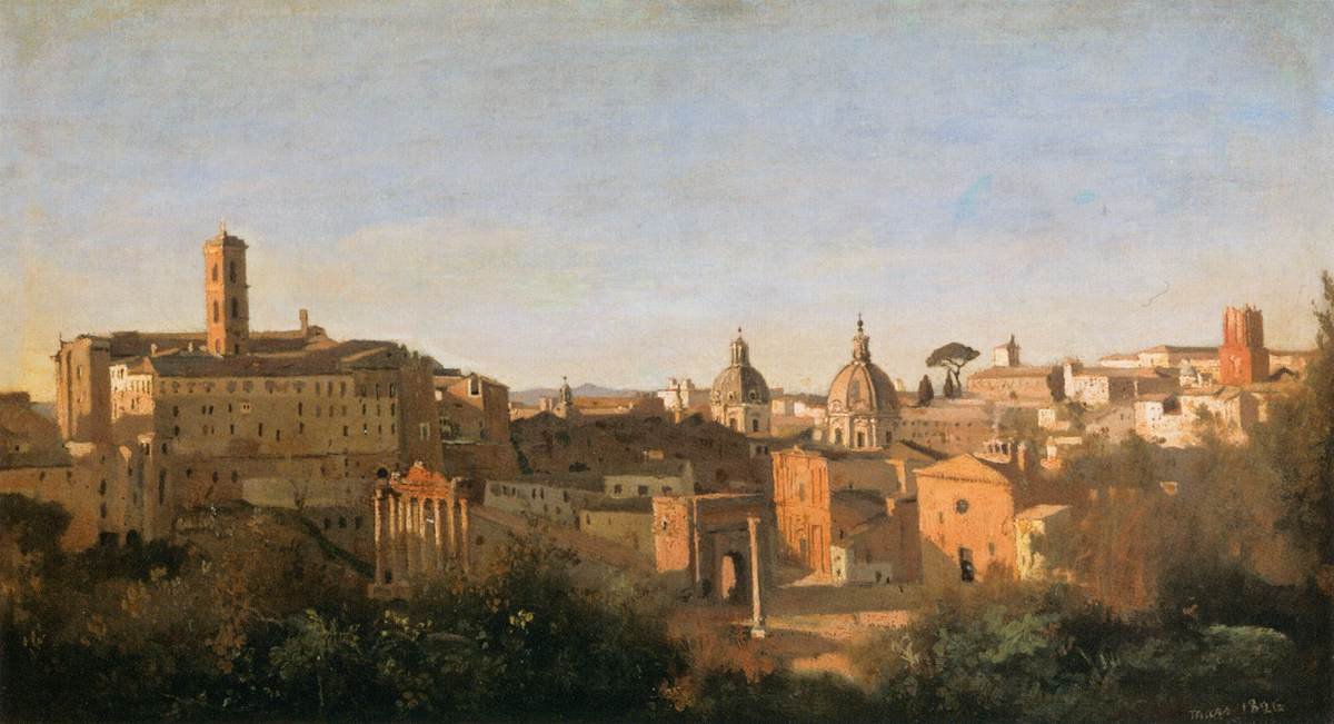 Het Forum gezien vanuit de Farnese-tuinen door Jean Baptiste Camille Corot