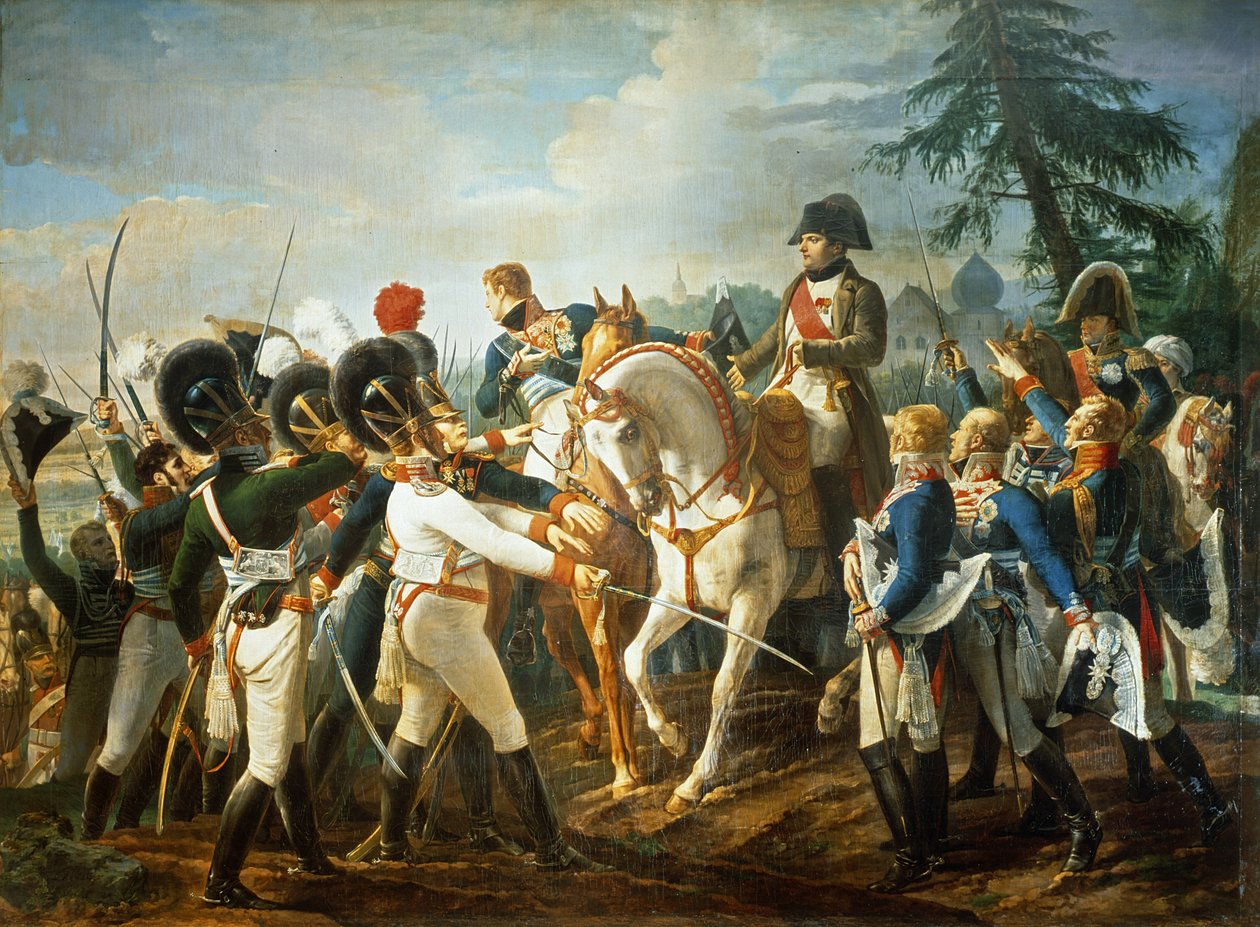Napoleon en de Beierse en Württembergse troepen in Abensberg, 20 april 1809 door Jean Baptiste Debret