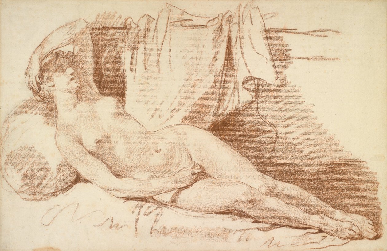 Liggend vrouwelijk naakt: Studie voor Aegina bezocht door Jupiter, ca. 1767 (rood krijt op papier) door Jean Baptiste Greuze