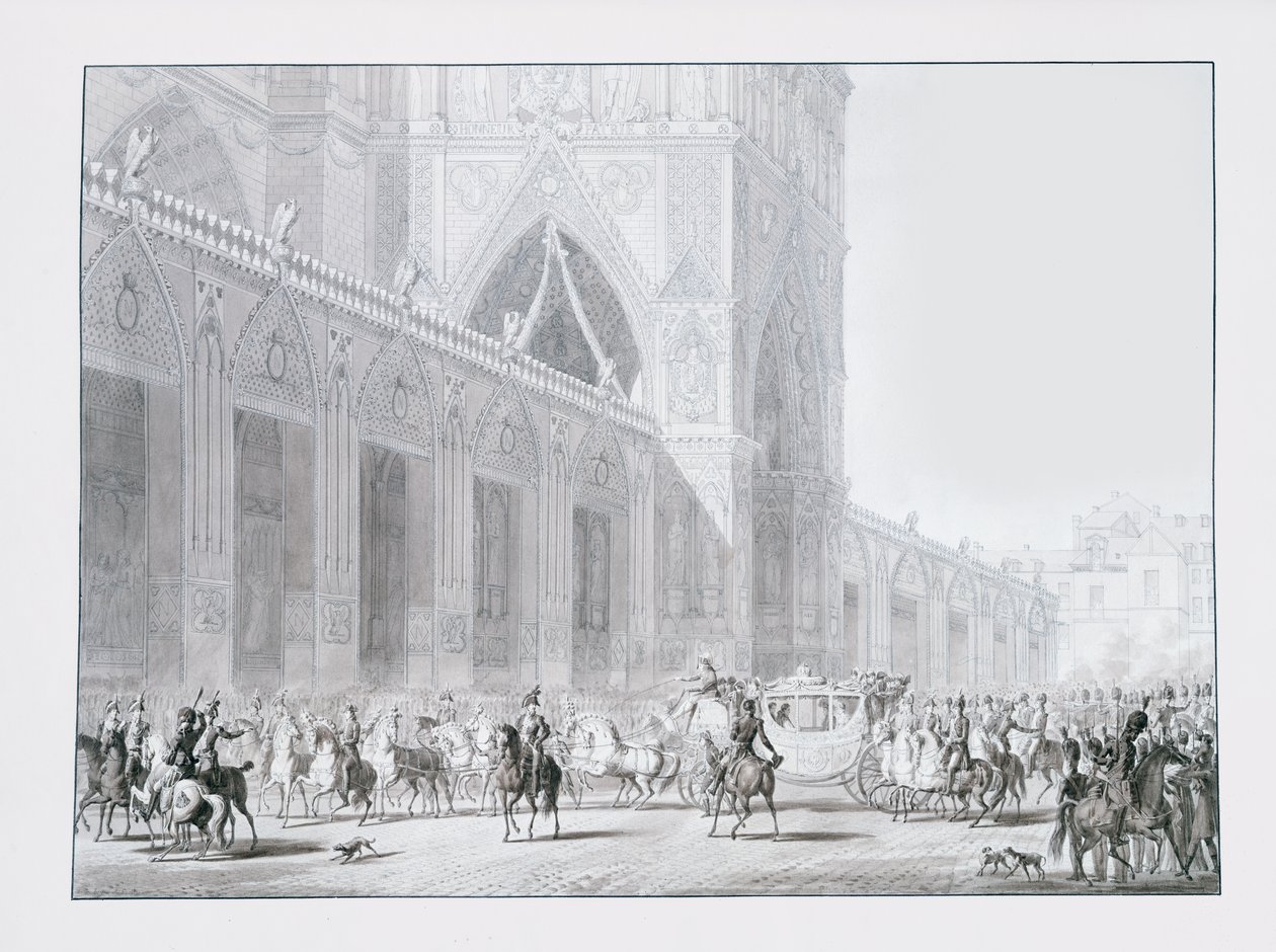 Aankomst bij de Notre-Dame kathedraal, Parijs van keizer Napoleon I en keizerin Josephine voor hun kroning op 2 december 1804 door Jean Baptiste Isabey