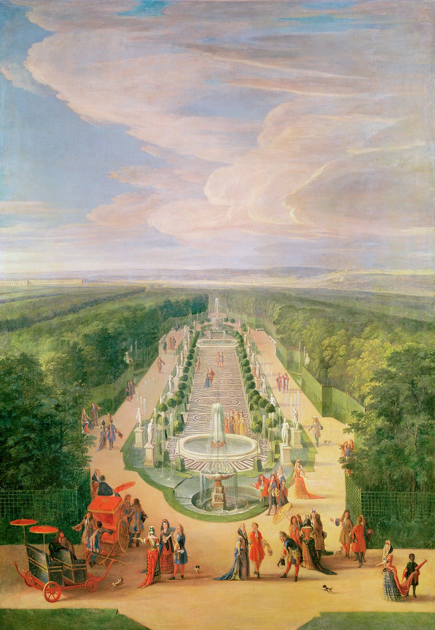 Perspectiefzicht op de Grove vanuit de Galerie des Antiques in Versailles door Jean Baptiste Martin