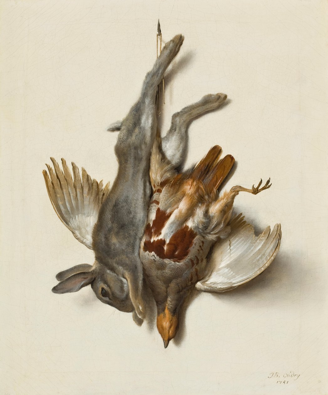 Een jonge konijn en patrijs opgehangen aan de voeten, 1751 door Jean Baptiste Oudry