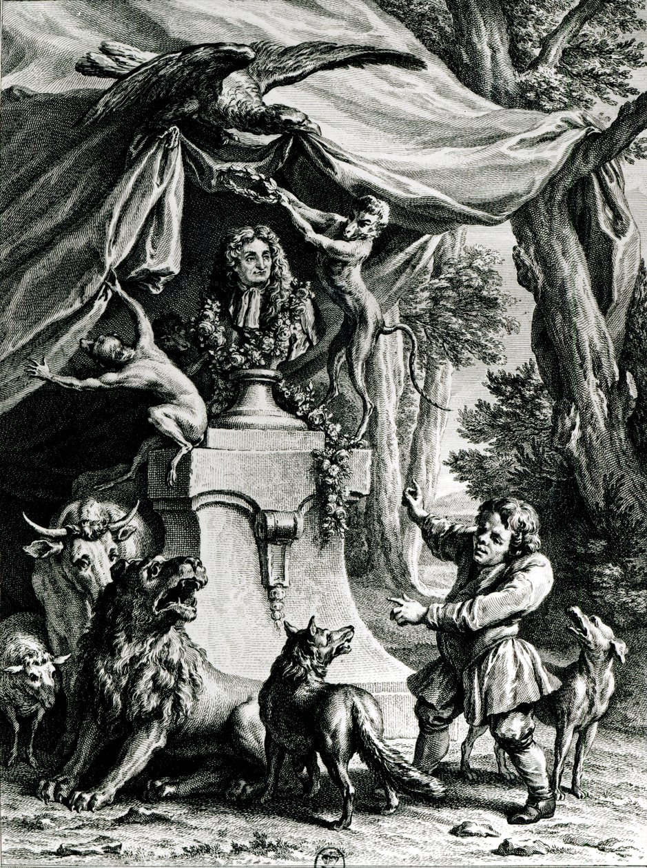 Allegorisch portret van Jean de La Fontaine (1621-95) omringd door dieren uit zijn fabels door Jean Baptiste Oudry