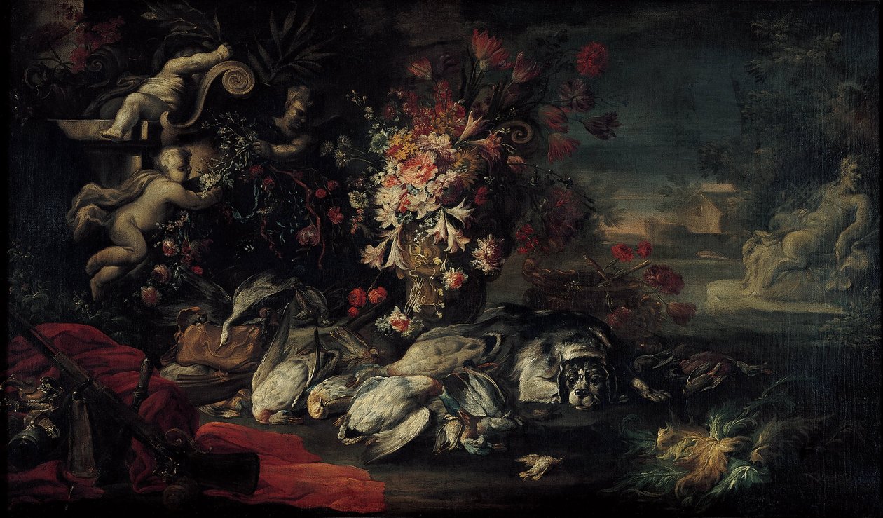 Stilleven met Jachtuitrusting en Bloemen II door Jean Baptiste Oudry