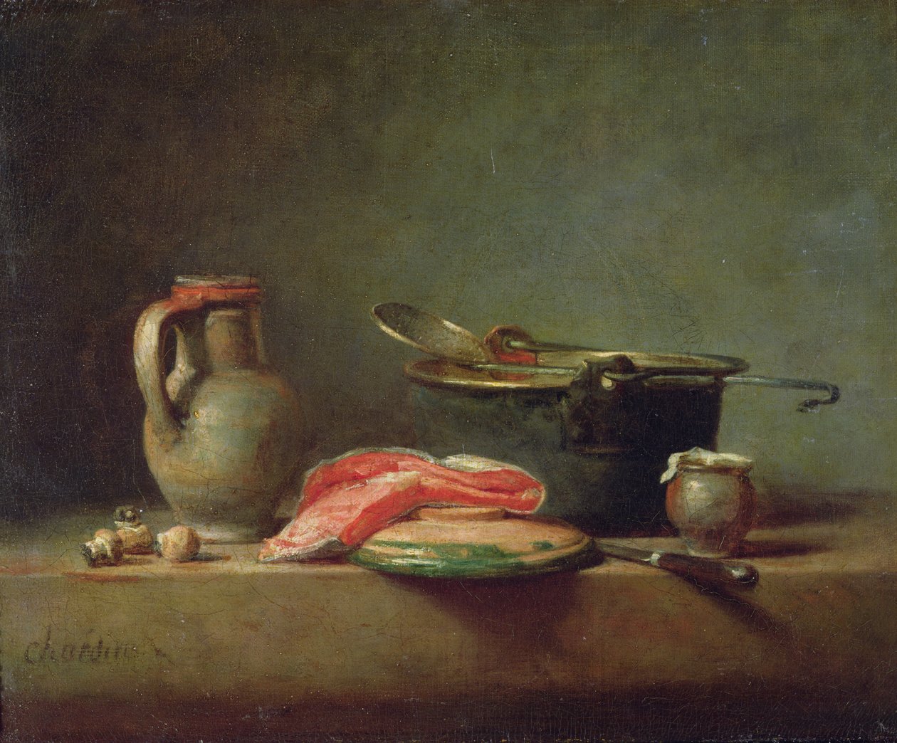 Koperen ketel met een kan en een stuk zalm door Jean Baptiste Simeon Chardin