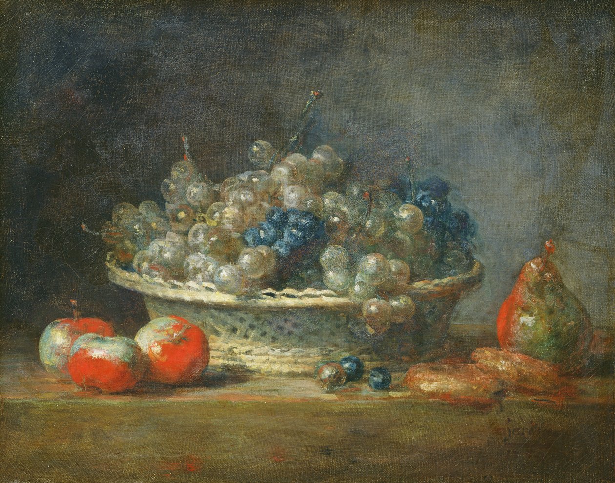 Stilleven: mand met druiven, drie appels, een peer en twee marsepeinen, 1764 door Jean Baptiste Simeon Chardin