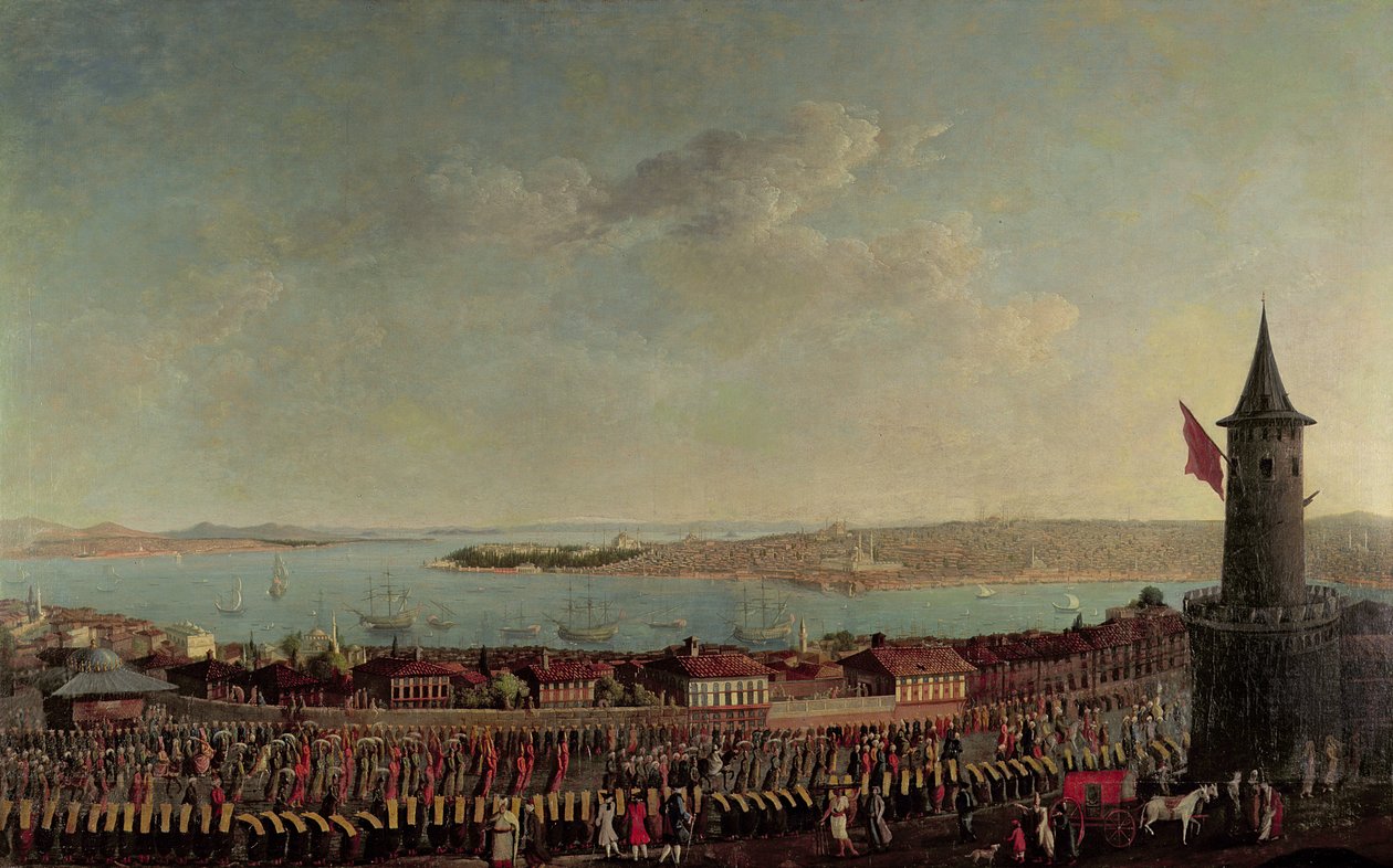 Uitzicht op Constantinopel met een processie van janitsaren langs de Galata-toren door Jean Baptiste Vanmour