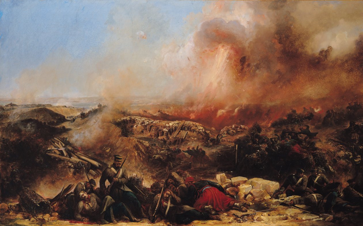 De slag om Sebastopol, linker gedeelte van drieluik, na 1855 door Jean Charles Langlois
