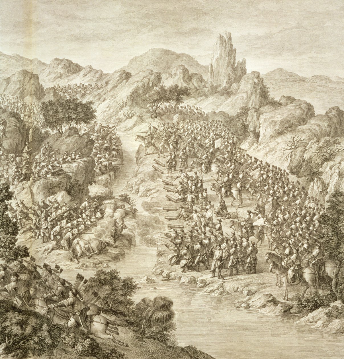 De Eerste Slag tussen het Chinese Leger en dat van de Eleuths in 1759 (detail) door Jean Damascene