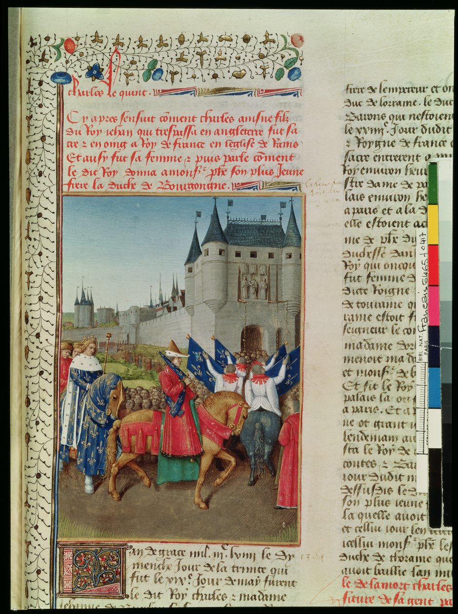 Ms 6465 f.417 De Aankomst van Karel V (1337-80) in Parijs, 28 mei 1364, ca.1460 door Jean Fouquet