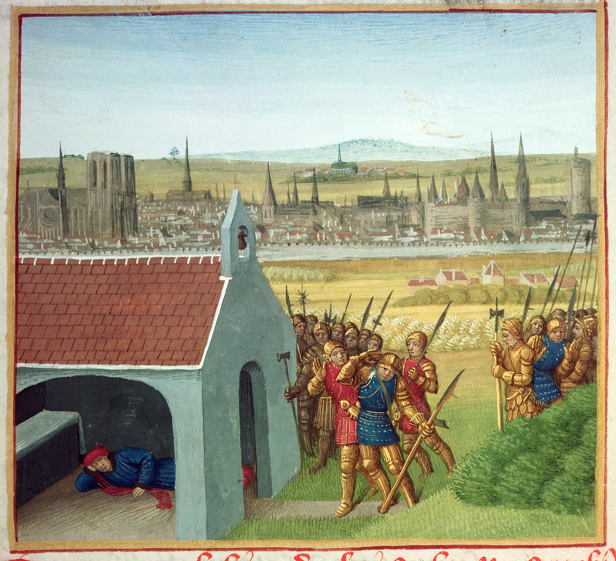 Ms Fr 6465 fol.57 Koning Clothar II (584-629) kan zijn zoon Dagobert I (605-39) niet terugbrengen naar Parijs, uit 