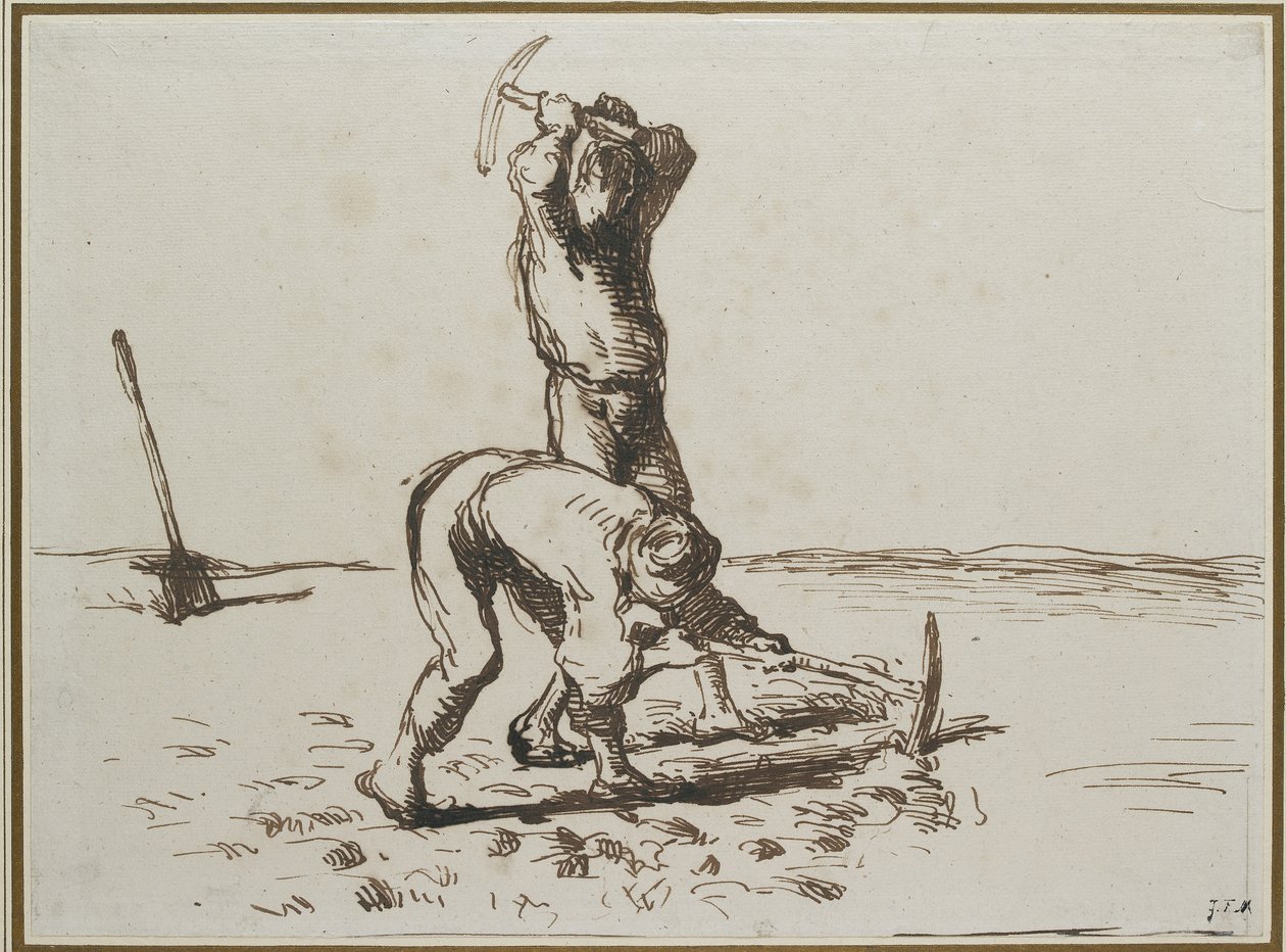 Twee Boeren die Graven met Pikhouwelen, ca. 1844 - 1846 door Jean Francois Millet