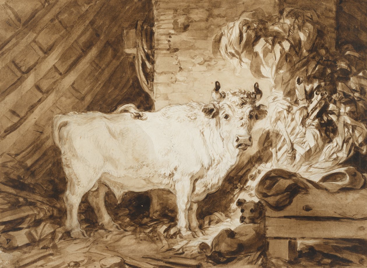 Witte stier en een hond in een stal door Jean Honore Fragonard