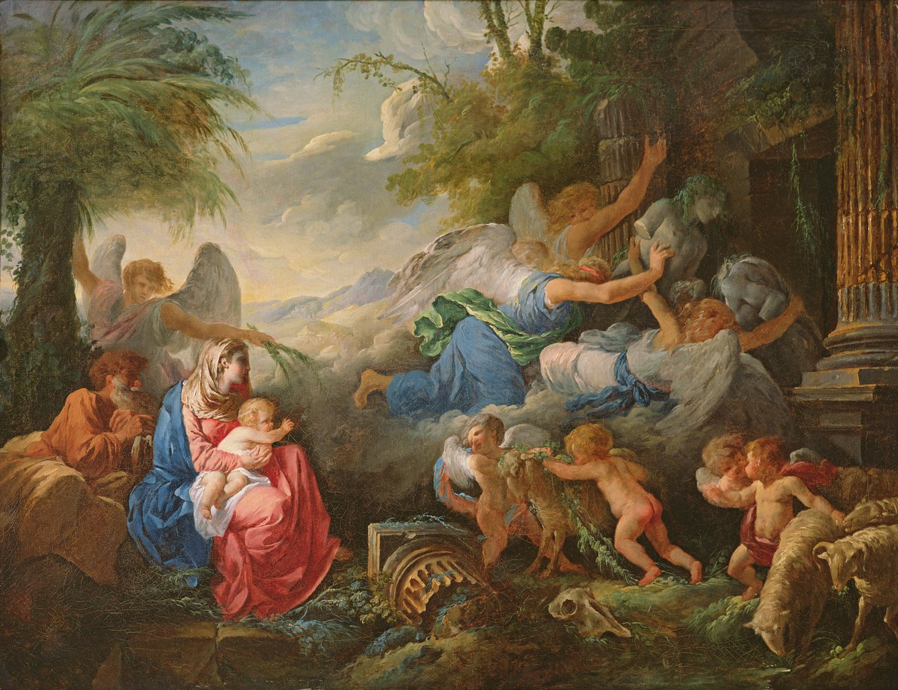 De val van de afgoden en de rust tijdens de vlucht naar Egypte, c.1775 door Jean Jacques II Lagrenee