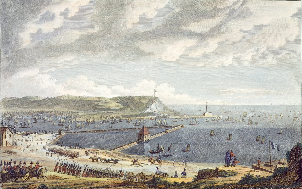 Uitzicht op de haven en de rede van Boulogne bij het vertrek van de vloot, 16 augustus 1803, gegraveerd door Louis Francois Couche door Jean Jerome Baugean